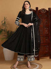 Women Black Silk Blend Embroidered Anarkali Kurta Palazzo Set With Dupatta